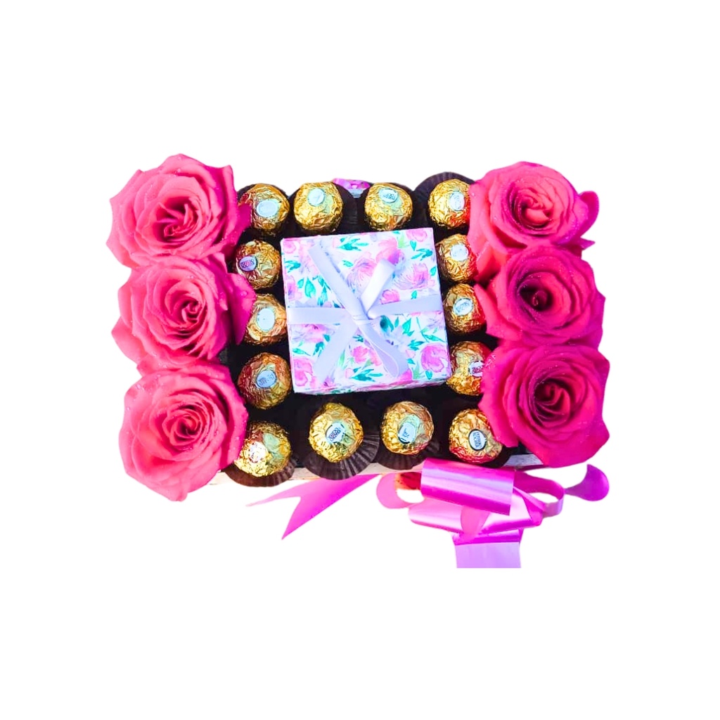 Arreglo Floral en Caja: 6 Rosas y Bombones Ferrero Rocher