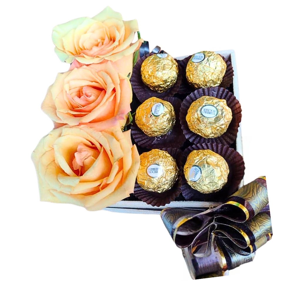 Arreglo Floral en Caja: 3 Rosas y Bombones Ferrero Rocher
