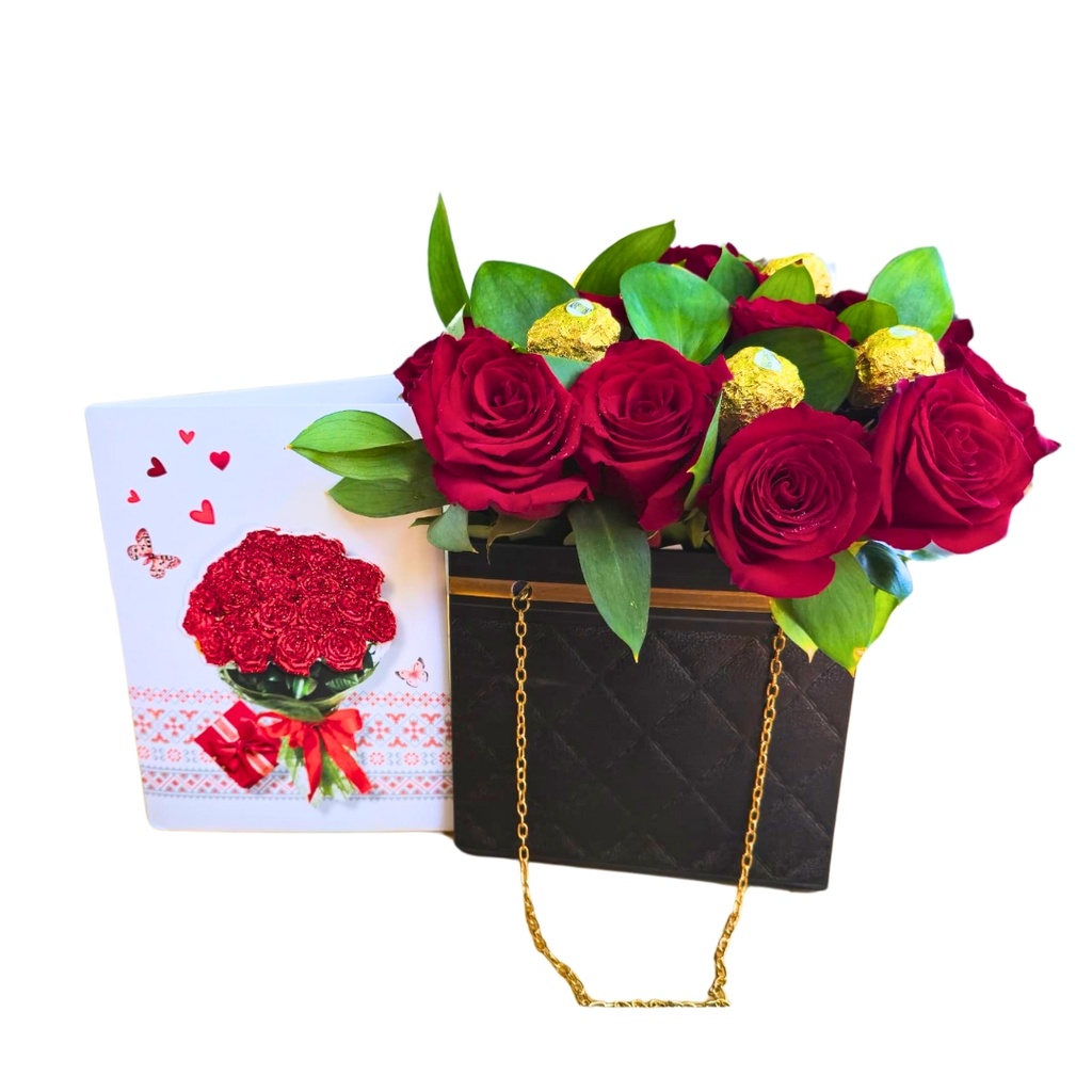 Arreglo Floral de 18 Rosas y 6 bombones Ferreros en Elegante en Caja