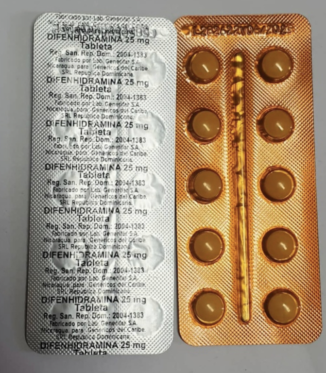 Difenhidramina 25 mg  (1 blíster de 10 tabletas)